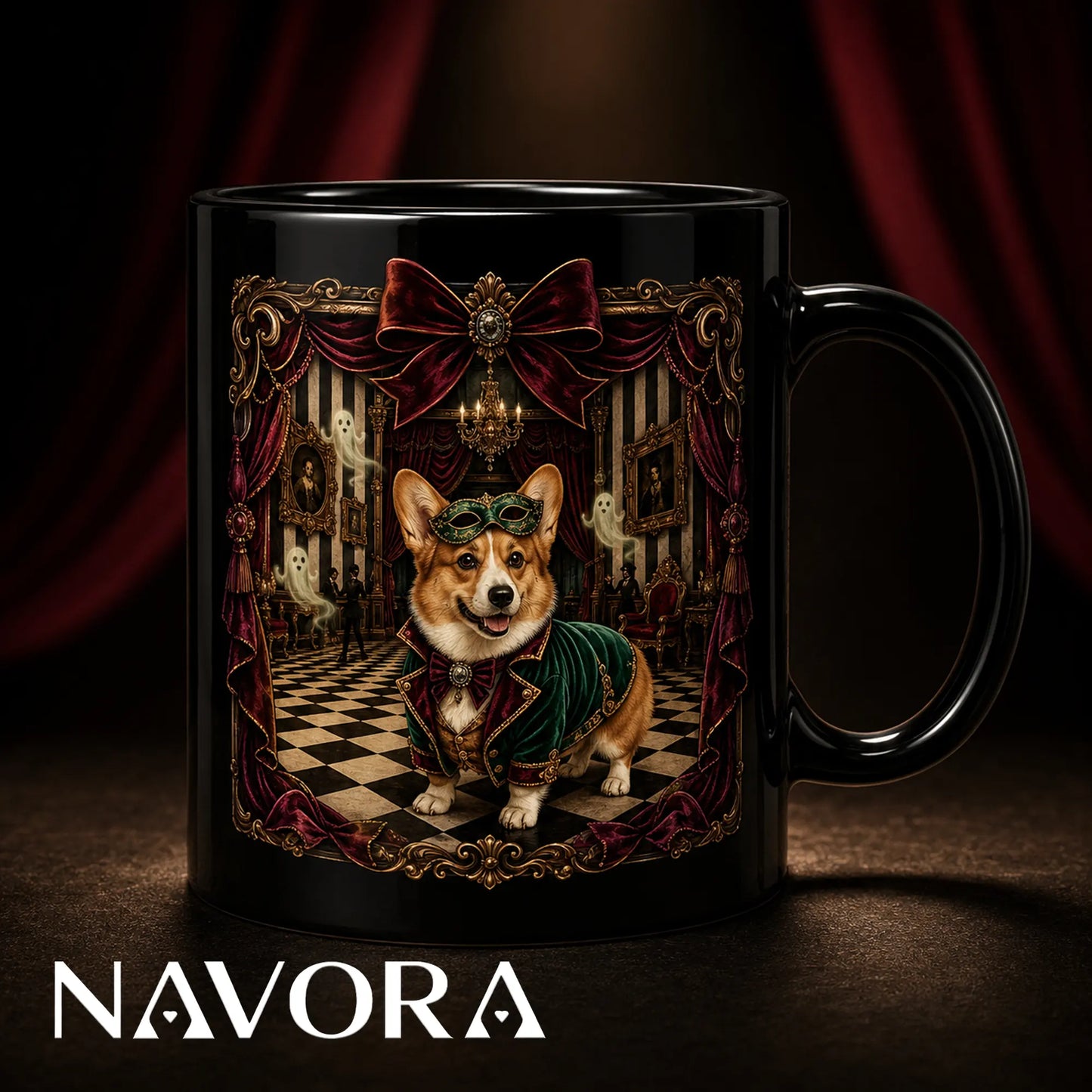 Black Gothic Masquerade Corgi mug with emerald velvet costume, burgundy bow, ghosts, chandelier, and Victorian ballroom