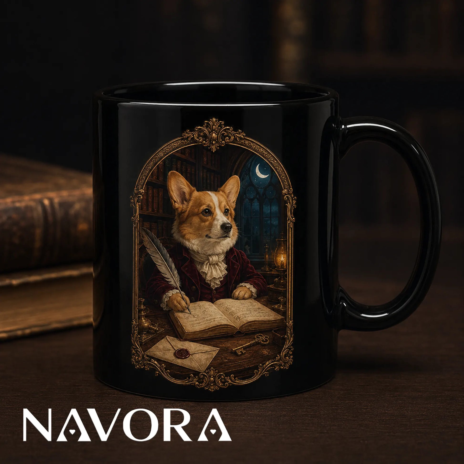Black Gothic Scholar Corgi mug with moonlit library, feather quill, antique books, letters, and ornate gold frame
