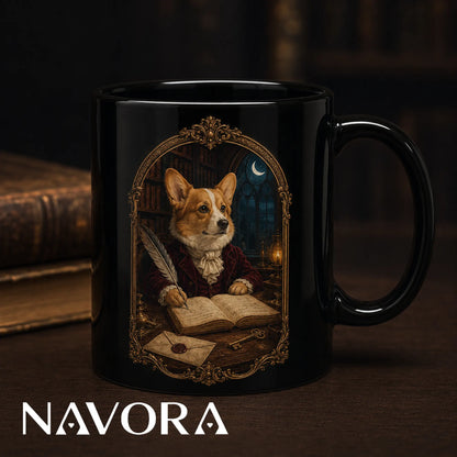 Black Gothic Scholar Corgi mug with moonlit library, feather quill, antique books, letters, and ornate gold frame