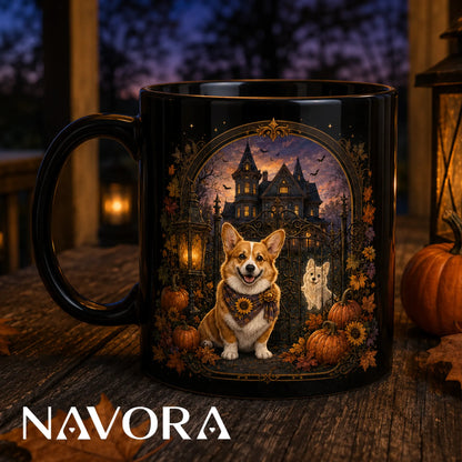 Black Haunted Mansion Corgi Halloween mug with ghost dog, pumpkins, lanterns, iron gate, and Gothic house