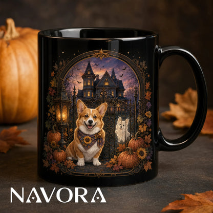 Black Haunted Mansion Corgi Halloween mug with ghost dog, pumpkins, lanterns, iron gate, and Gothic house
