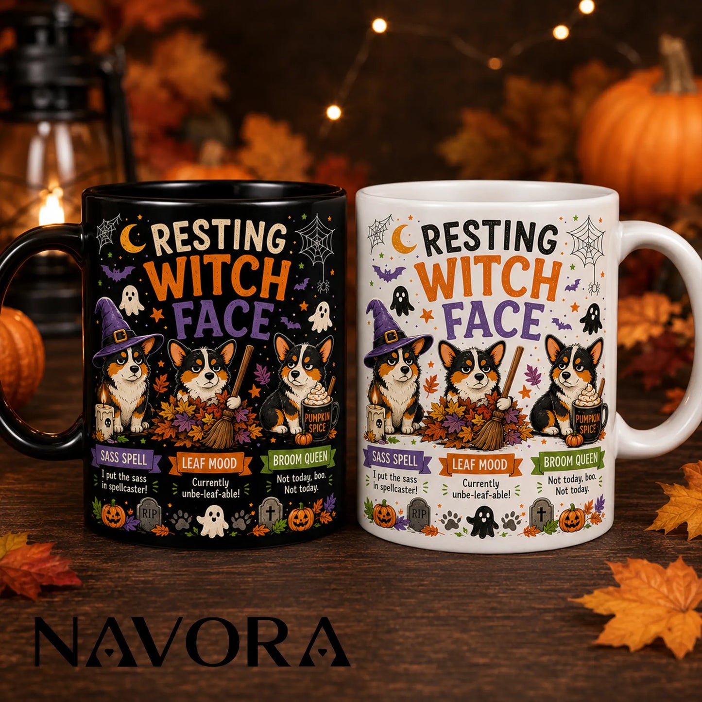 Black Resting Witch Face Corgi Halloween mug with witch hat, broom, autumn leaves, ghosts, and pumpkin spice drink