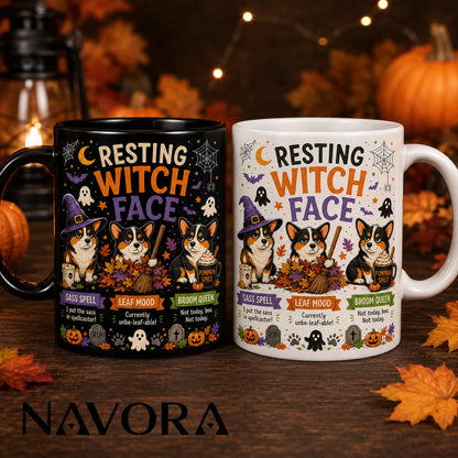 Black Resting Witch Face Corgi Halloween mug with witch hat, broom, autumn leaves, ghosts, and pumpkin spice drink