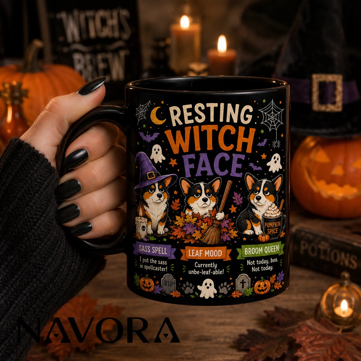 Black Resting Witch Face Corgi Halloween mug with witch hat, broom, autumn leaves, ghosts, and pumpkin spice drink