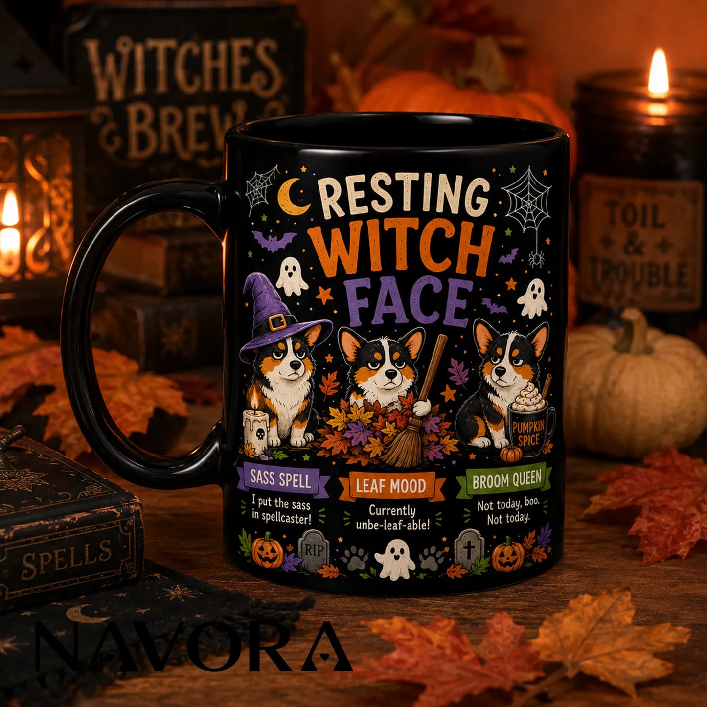 Black Resting Witch Face Corgi Halloween mug with witch hat, broom, autumn leaves, ghosts, and pumpkin spice drink
