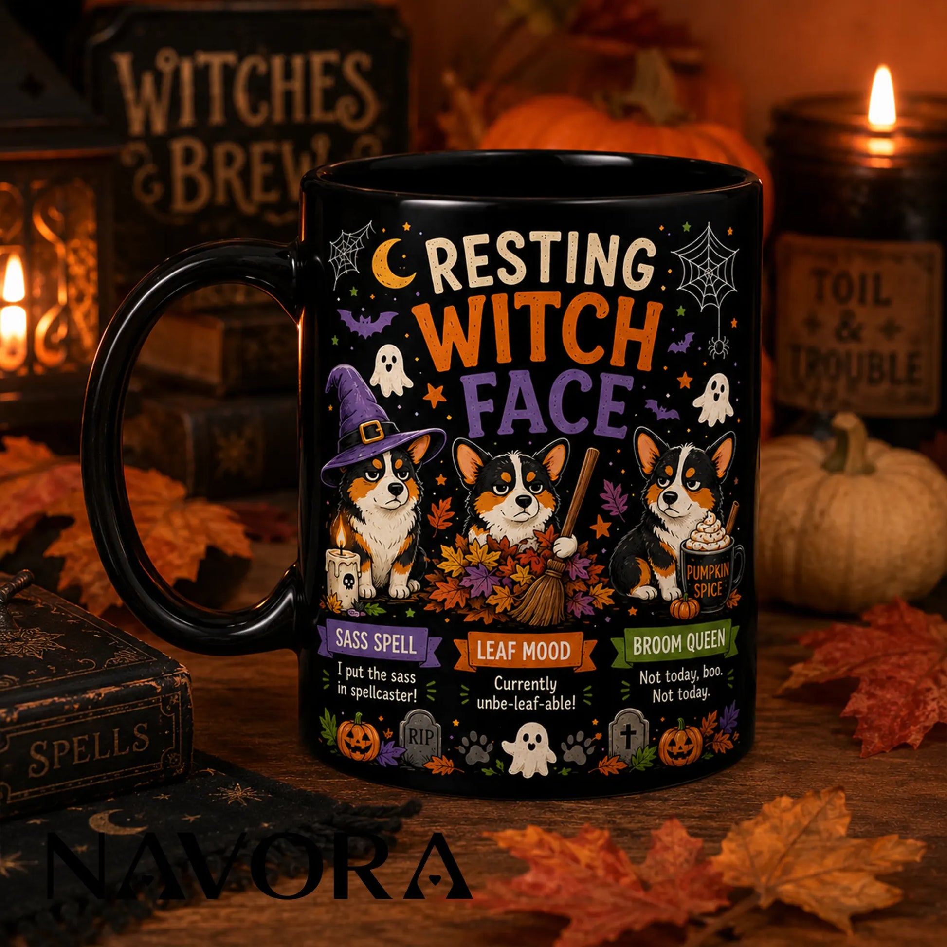 Black Resting Witch Face Corgi Halloween mug with witch hat, broom, autumn leaves, ghosts, and pumpkin spice drink