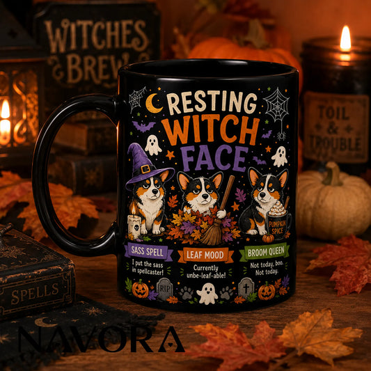 Black Resting Witch Face Corgi Halloween mug with witch hat, broom, autumn leaves, ghosts, and pumpkin spice drink