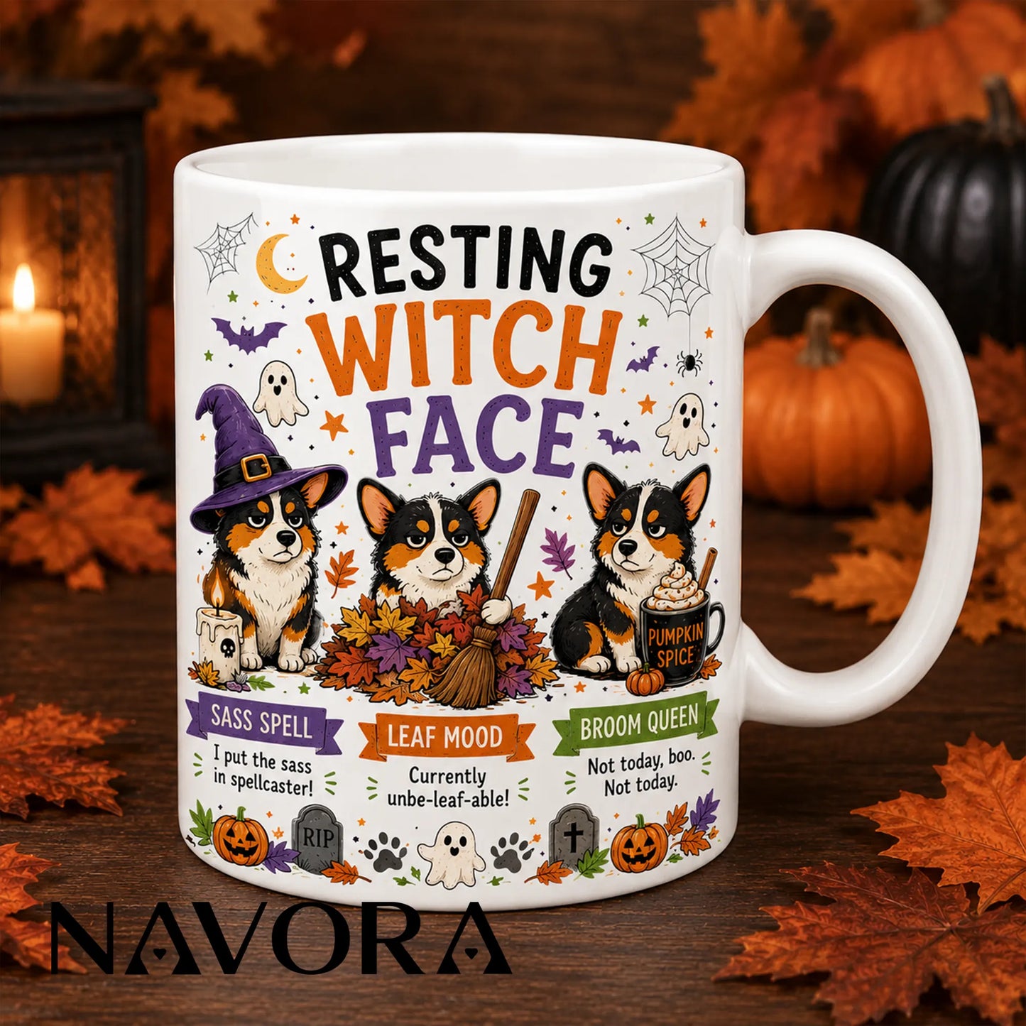 Black Resting Witch Face Corgi Halloween mug with witch hat, broom, autumn leaves, ghosts, and pumpkin spice drink