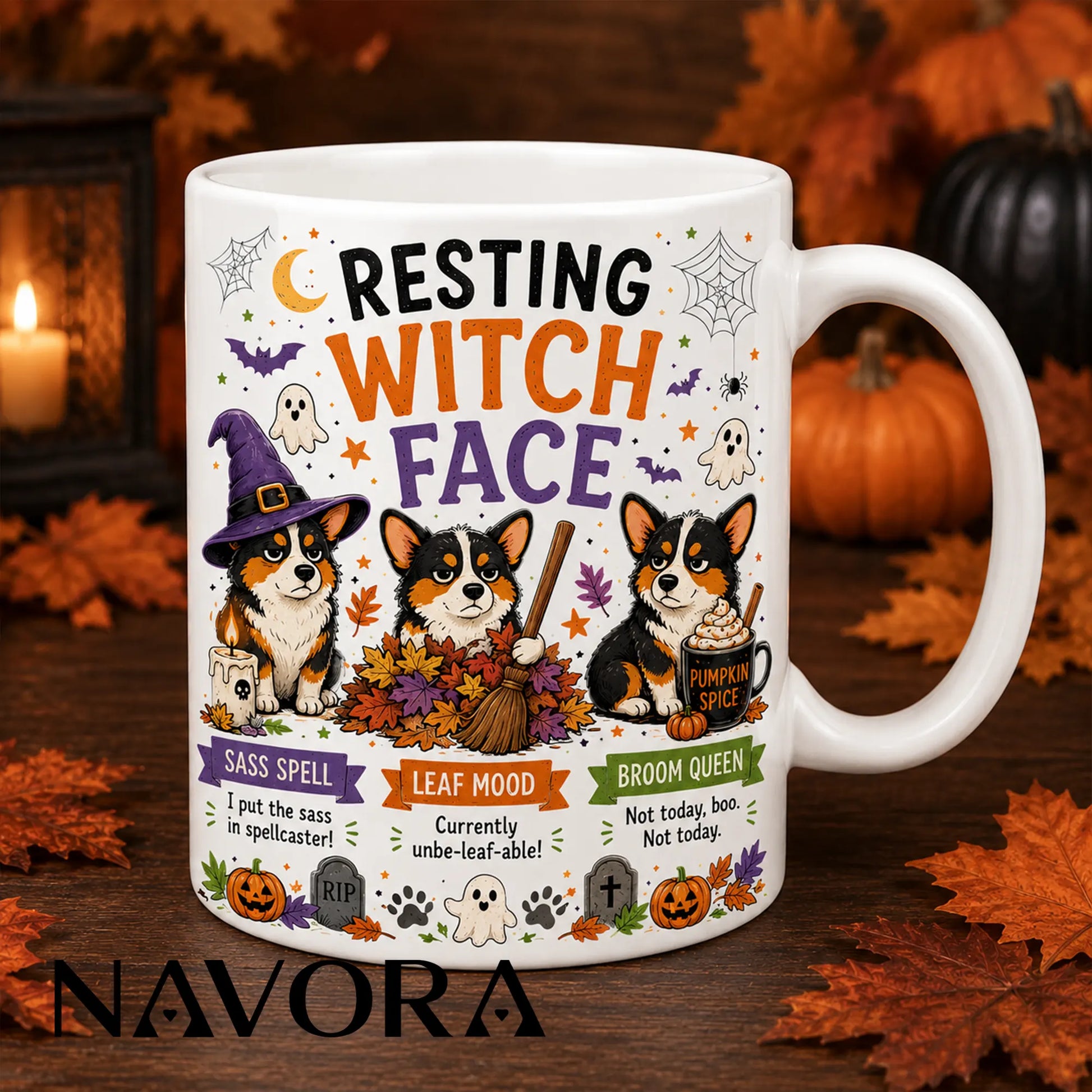 Black Resting Witch Face Corgi Halloween mug with witch hat, broom, autumn leaves, ghosts, and pumpkin spice drink