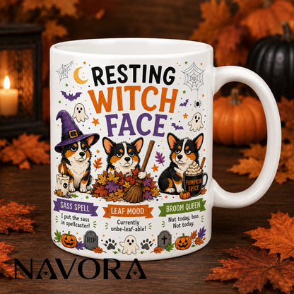 Black Resting Witch Face Corgi Halloween mug with witch hat, broom, autumn leaves, ghosts, and pumpkin spice drink