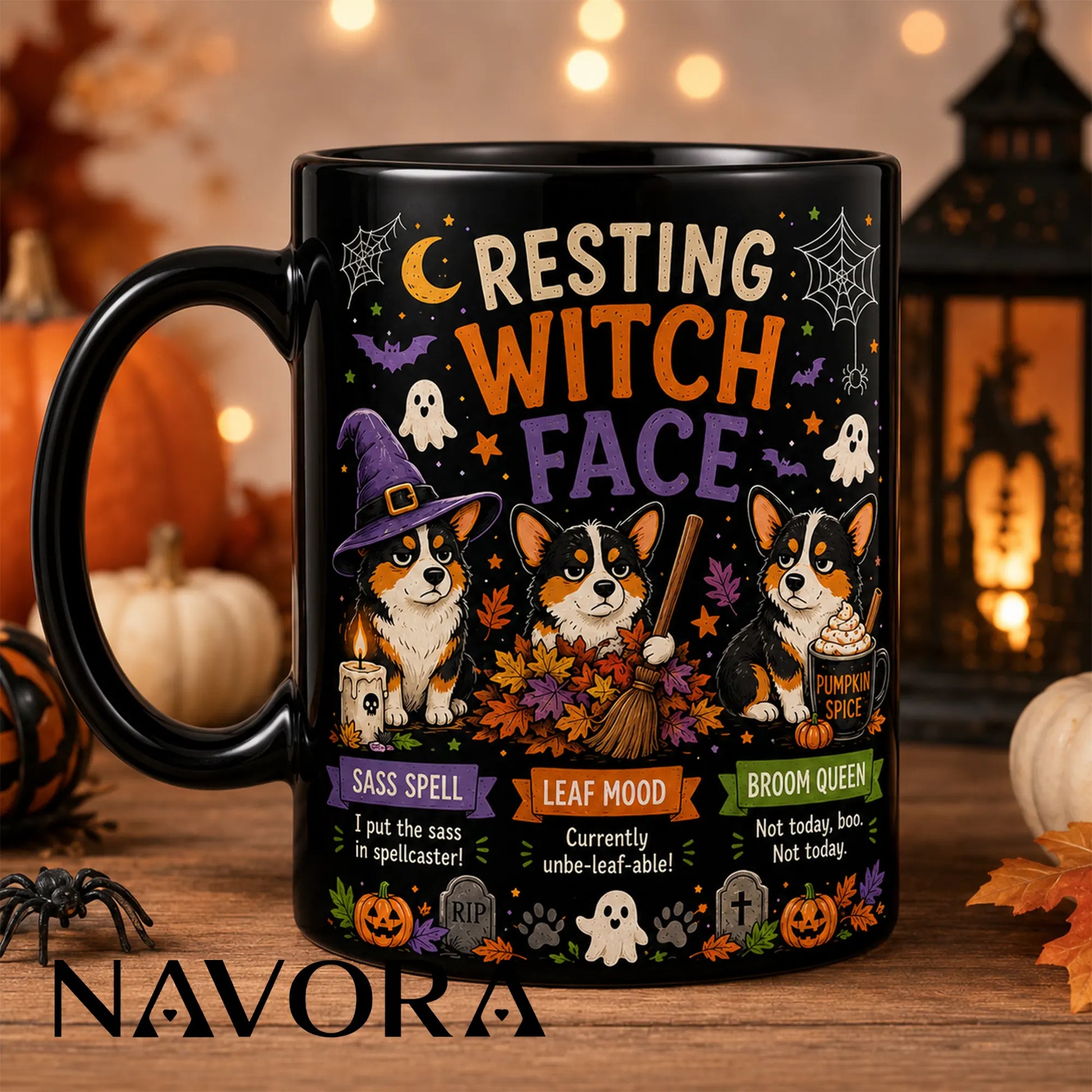 Black Resting Witch Face Corgi Halloween mug with witch hat, broom, autumn leaves, ghosts, and pumpkin spice drink