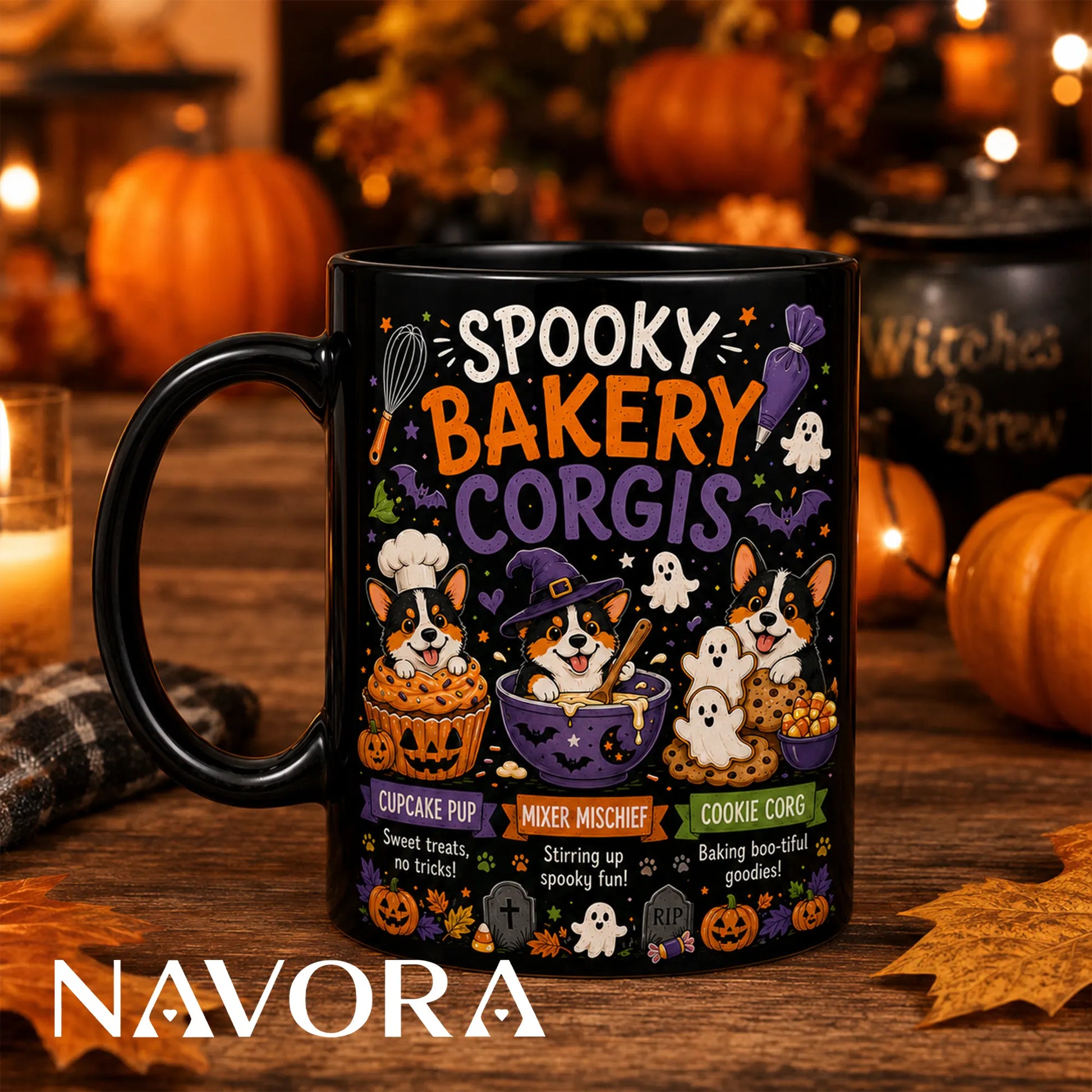Black Spooky Bakery Corgi Halloween mug with cupcake, witch baker, ghost cookies, pumpkins, and bats