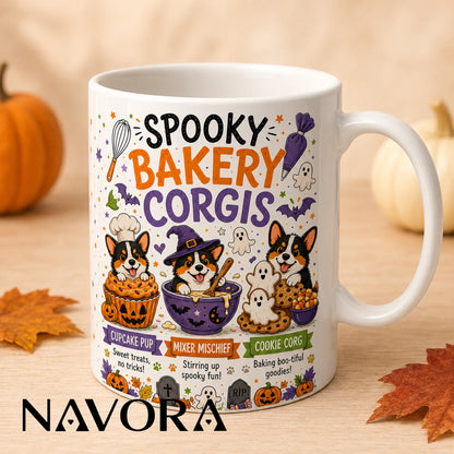 Black Spooky Bakery Corgi Halloween mug with cupcake, witch baker, ghost cookies, pumpkins, and bats
