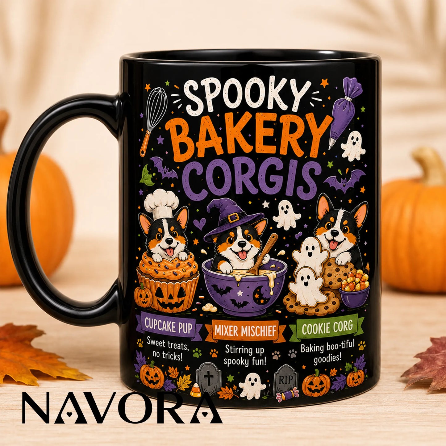 Black Spooky Bakery Corgi Halloween mug with cupcake, witch baker, ghost cookies, pumpkins, and bats