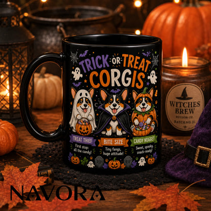 Black Trick or Treat Corgi Halloween mug with ghost, vampire, pumpkin costumes, candy, bats, and jack-o’-lanterns