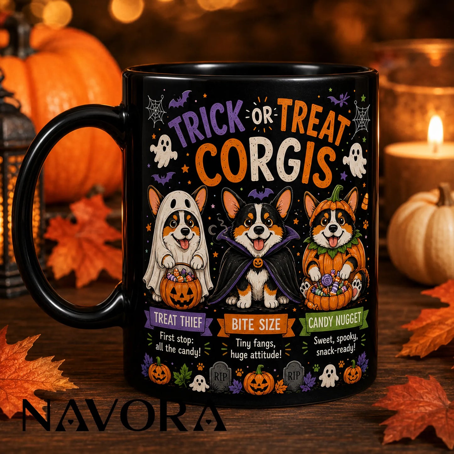 Black Trick or Treat Corgi Halloween mug with ghost, vampire, pumpkin costumes, candy, bats, and jack-o’-lanterns
