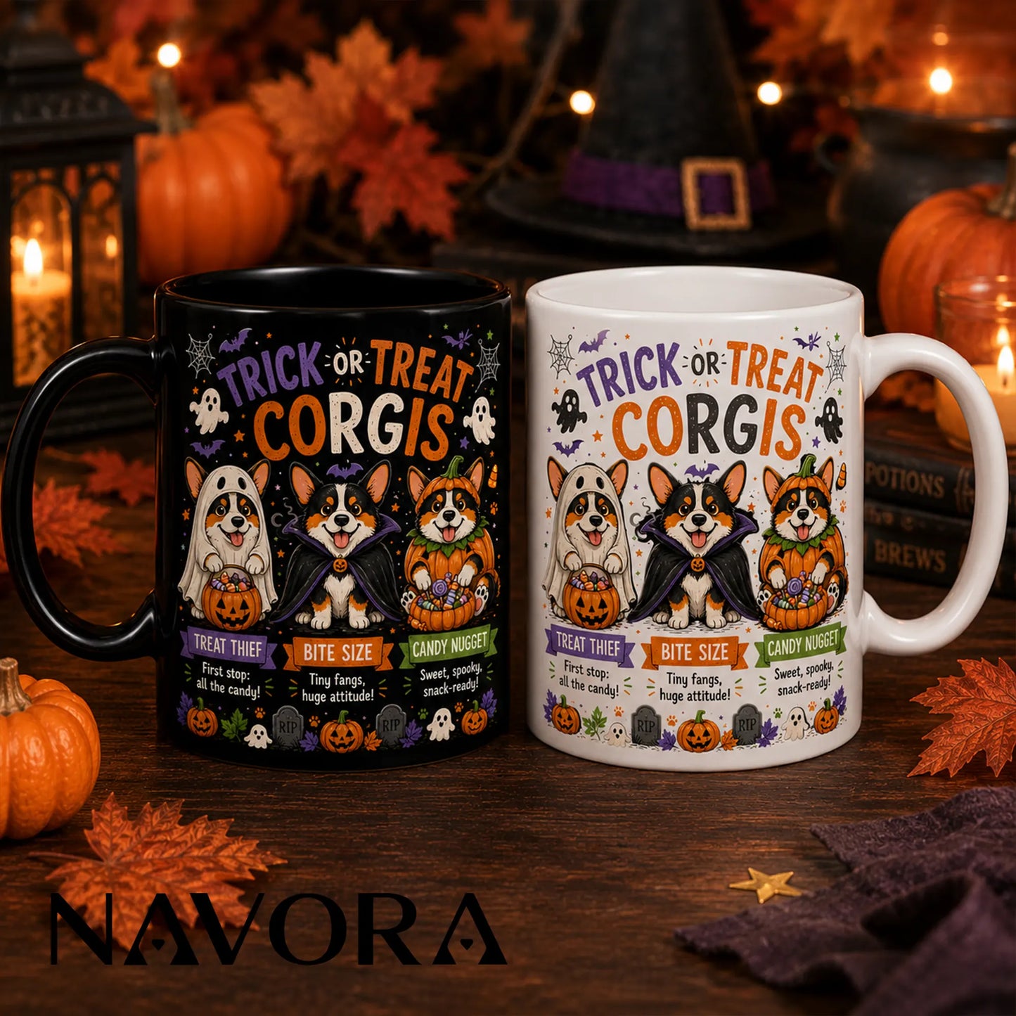Black Trick or Treat Corgi Halloween mug with ghost, vampire, pumpkin costumes, candy, bats, and jack-o’-lanterns