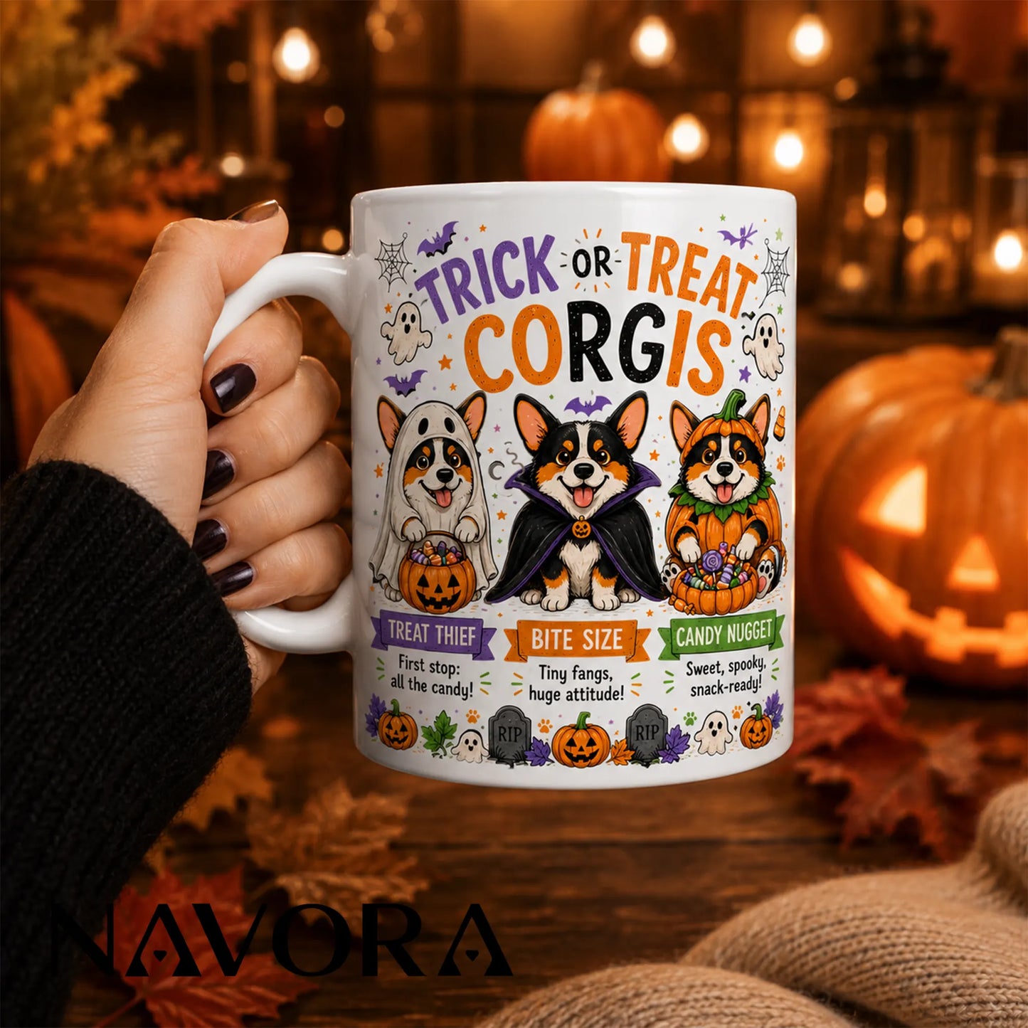 Black Trick or Treat Corgi Halloween mug with ghost, vampire, pumpkin costumes, candy, bats, and jack-o’-lanterns