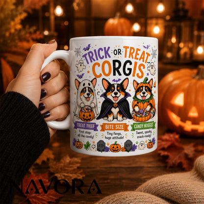 Black Trick or Treat Corgi Halloween mug with ghost, vampire, pumpkin costumes, candy, bats, and jack-o’-lanterns