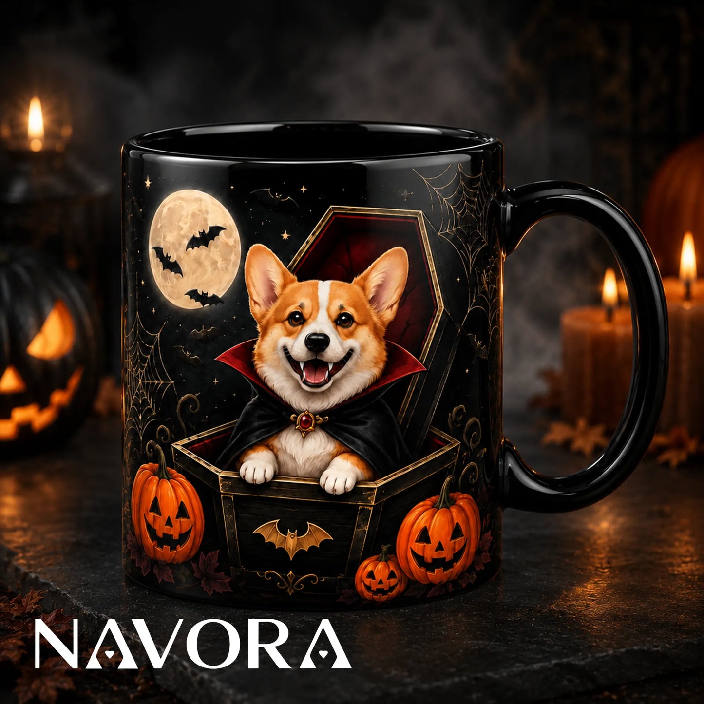 Black Vampire Corgi Coffin Halloween mug with caped dog, glowing pumpkins, bats, spiderwebs, and full moon