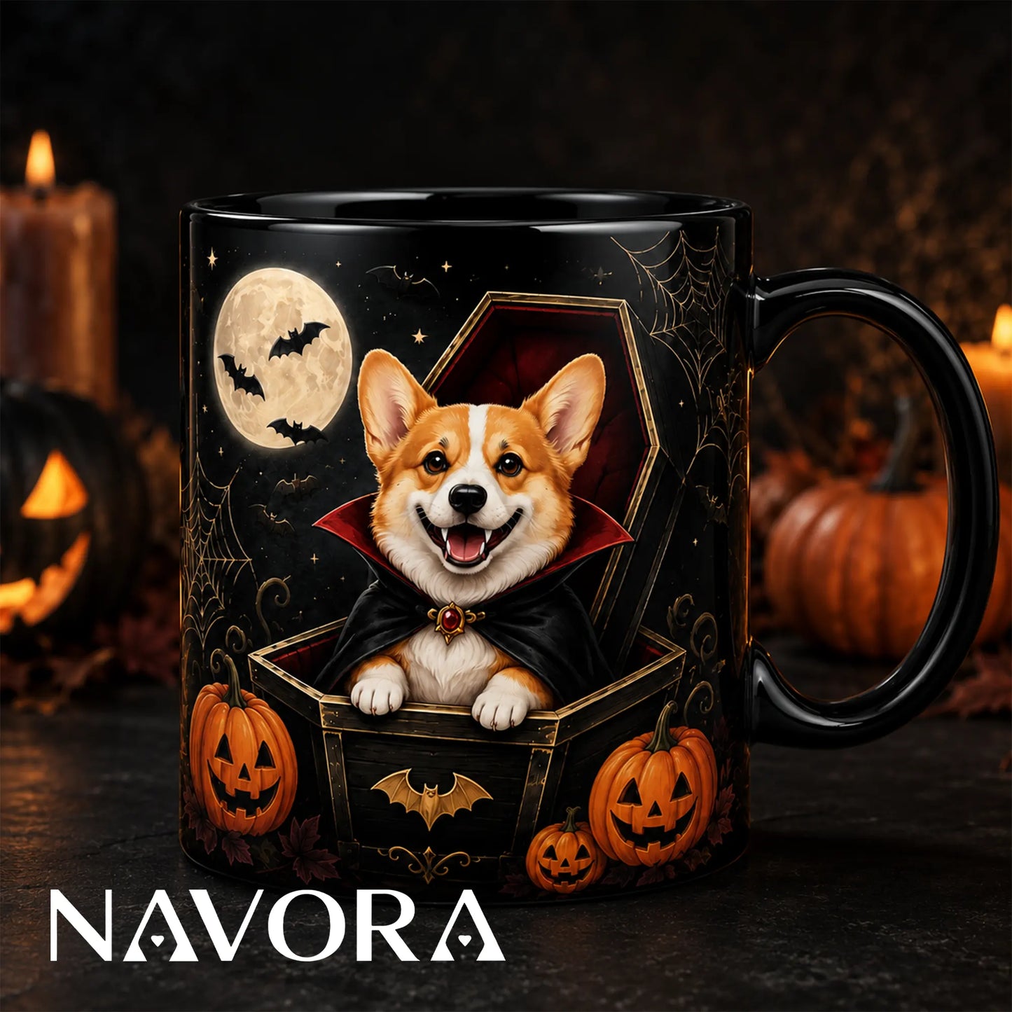Black Vampire Corgi Coffin Halloween mug with caped dog, glowing pumpkins, bats, spiderwebs, and full moon