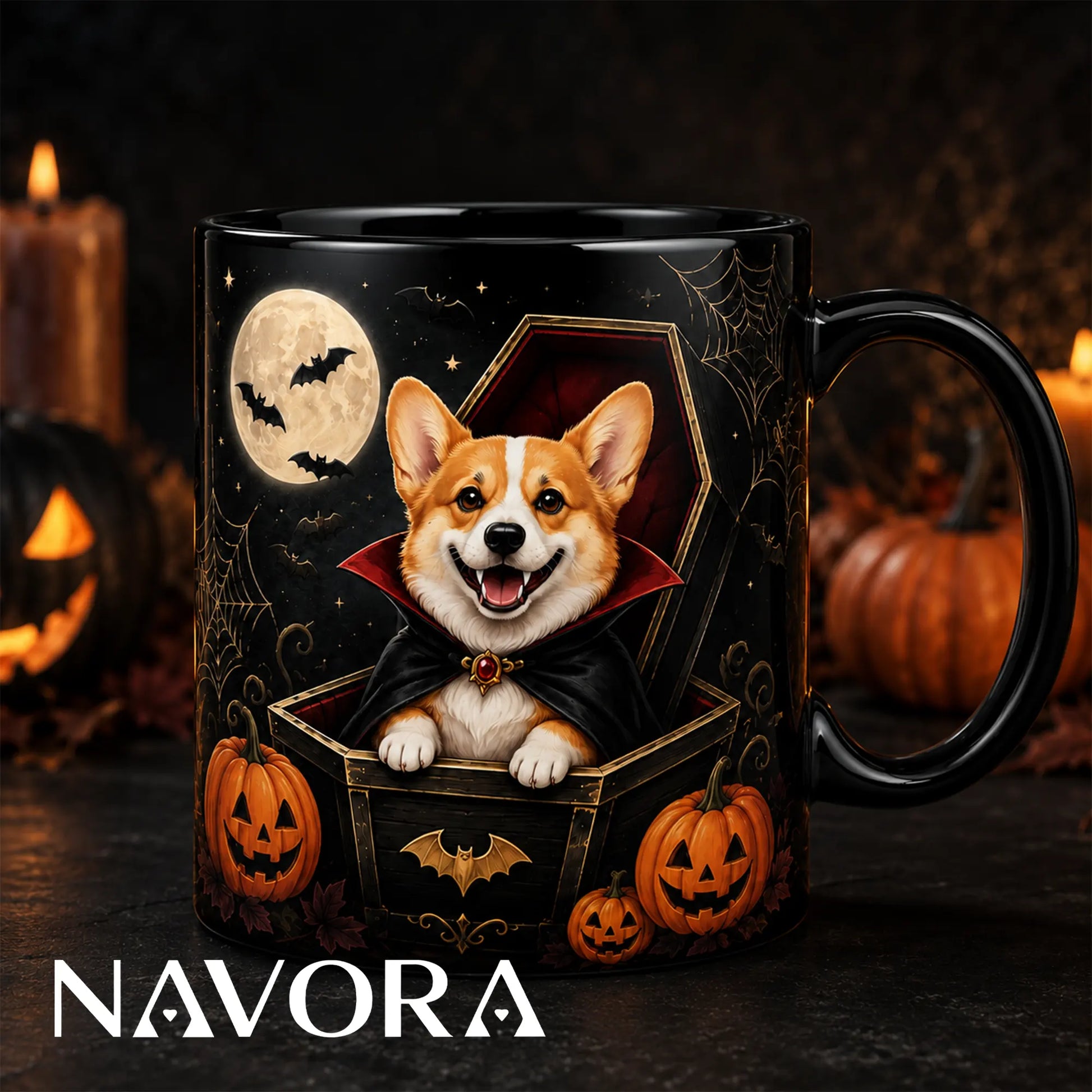 Black Vampire Corgi Coffin Halloween mug with caped dog, glowing pumpkins, bats, spiderwebs, and full moon