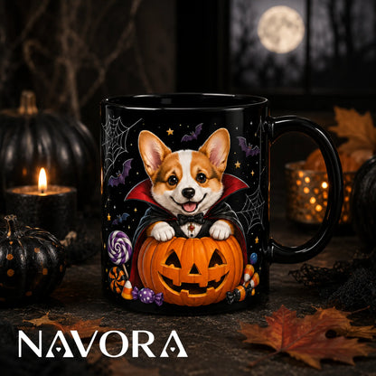Black Vampire Corgi Halloween mug with jack-o’-lantern, bats, spiderwebs, candy, and Gothic background