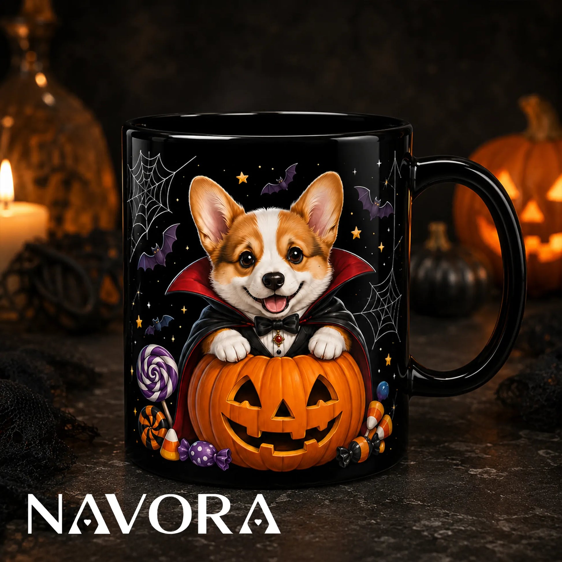 Black Vampire Corgi Halloween mug with jack-o’-lantern, bats, spiderwebs, candy, and Gothic background