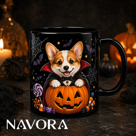 Black Vampire Corgi Halloween mug with jack-o’-lantern, bats, spiderwebs, candy, and Gothic background