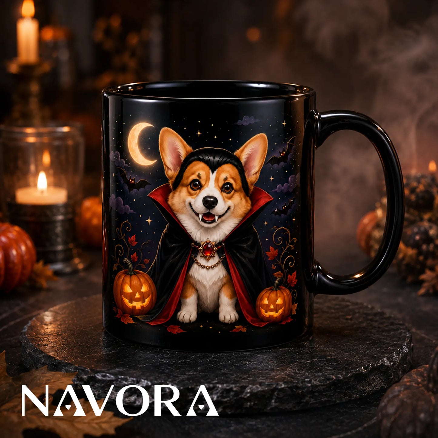 Black Vampire Corgi Halloween mug with red cape, glowing pumpkins, bats, crescent moon, and Gothic night design