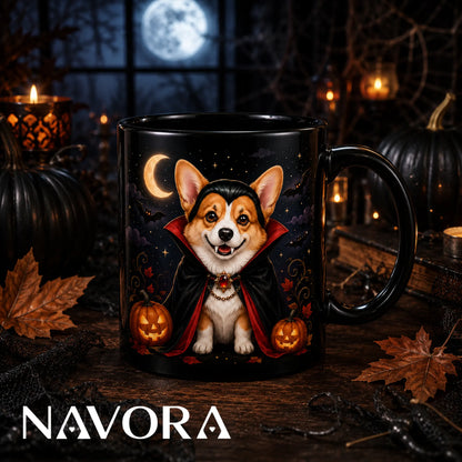 Black Vampire Corgi Halloween mug with red cape, glowing pumpkins, bats, crescent moon, and Gothic night design