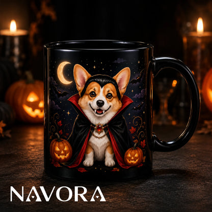 Black Vampire Corgi Halloween mug with red cape, glowing pumpkins, bats, crescent moon, and Gothic night design