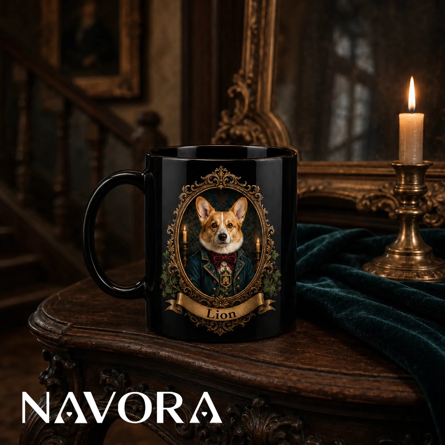 Black Victorian Corgi portrait mug with teal coat, red bow tie, candles, ivy, and ornate gold frame