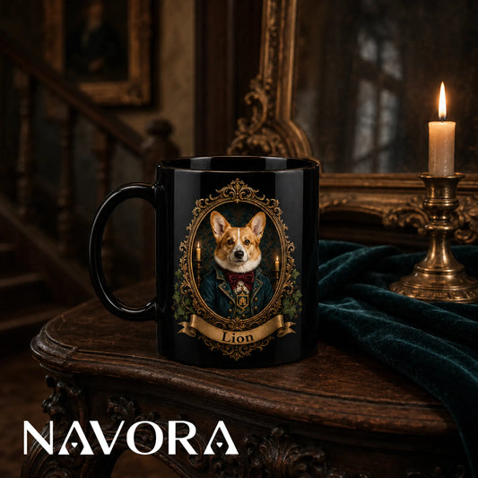 Black Victorian Corgi portrait mug with teal coat, red bow tie, candles, ivy, and ornate gold frame