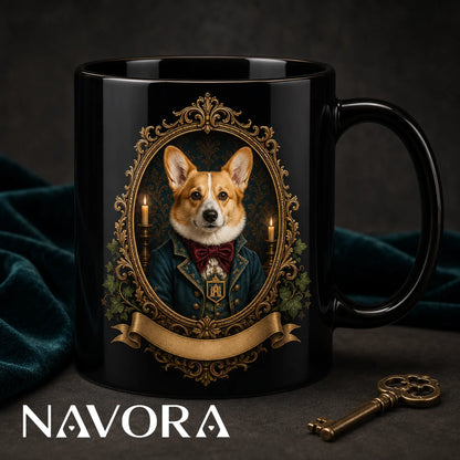 Black Victorian Corgi portrait mug with teal coat, red bow tie, candles, ivy, and ornate gold frame