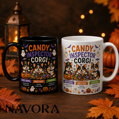Black Candy Inspector Corgi Halloween mug with three dogs, candy corn, ghosts, pumpkins, and colorful treats