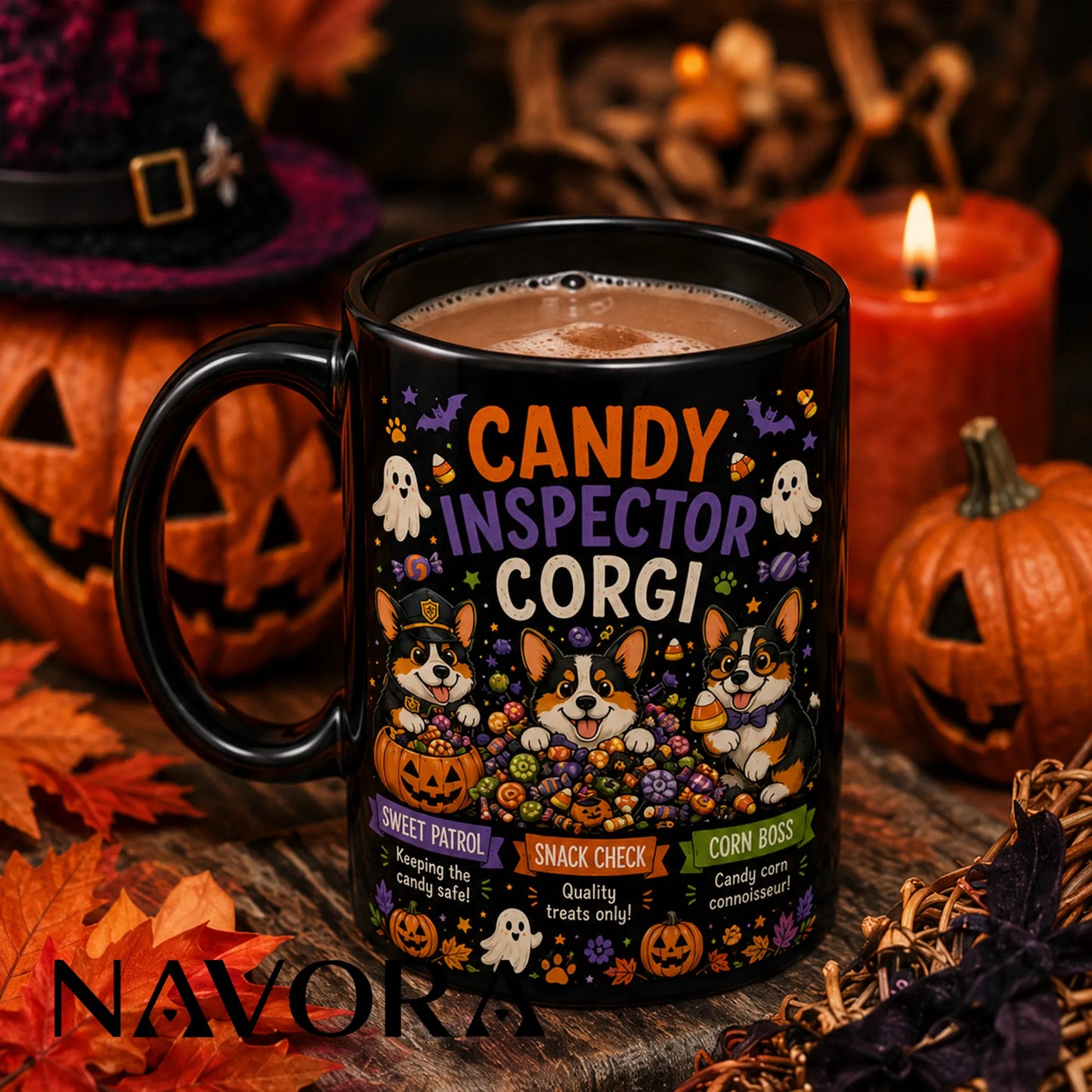 Black Candy Inspector Corgi Halloween mug with three dogs, candy corn, ghosts, pumpkins, and colorful treats