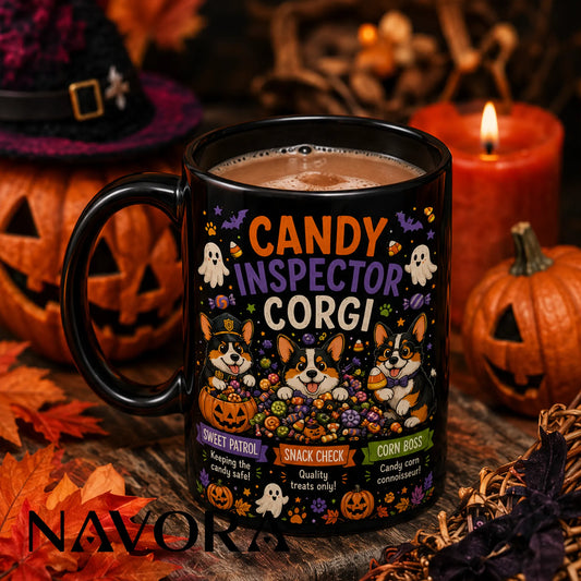 Black Candy Inspector Corgi Halloween mug with three dogs, candy corn, ghosts, pumpkins, and colorful treats