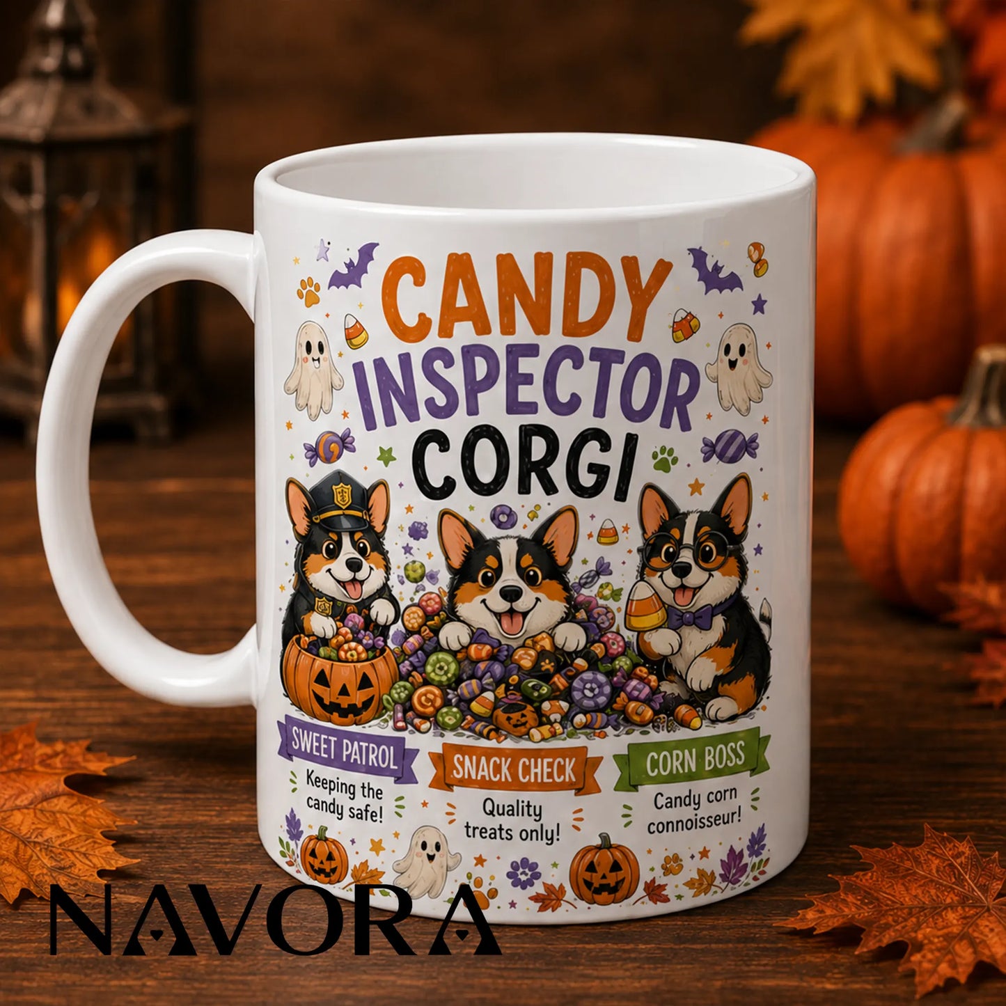 Black Candy Inspector Corgi Halloween mug with three dogs, candy corn, ghosts, pumpkins, and colorful treats