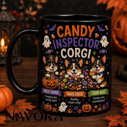 Black Candy Inspector Corgi Halloween mug with three dogs, candy corn, ghosts, pumpkins, and colorful treats