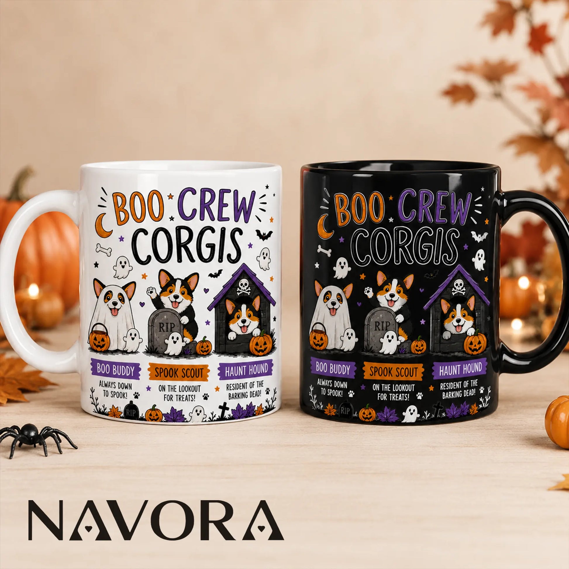 Boo Crew Corgis Halloween mug featuring three cute Corgis with ghosts, pumpkins, bats, and a haunted doghouse.