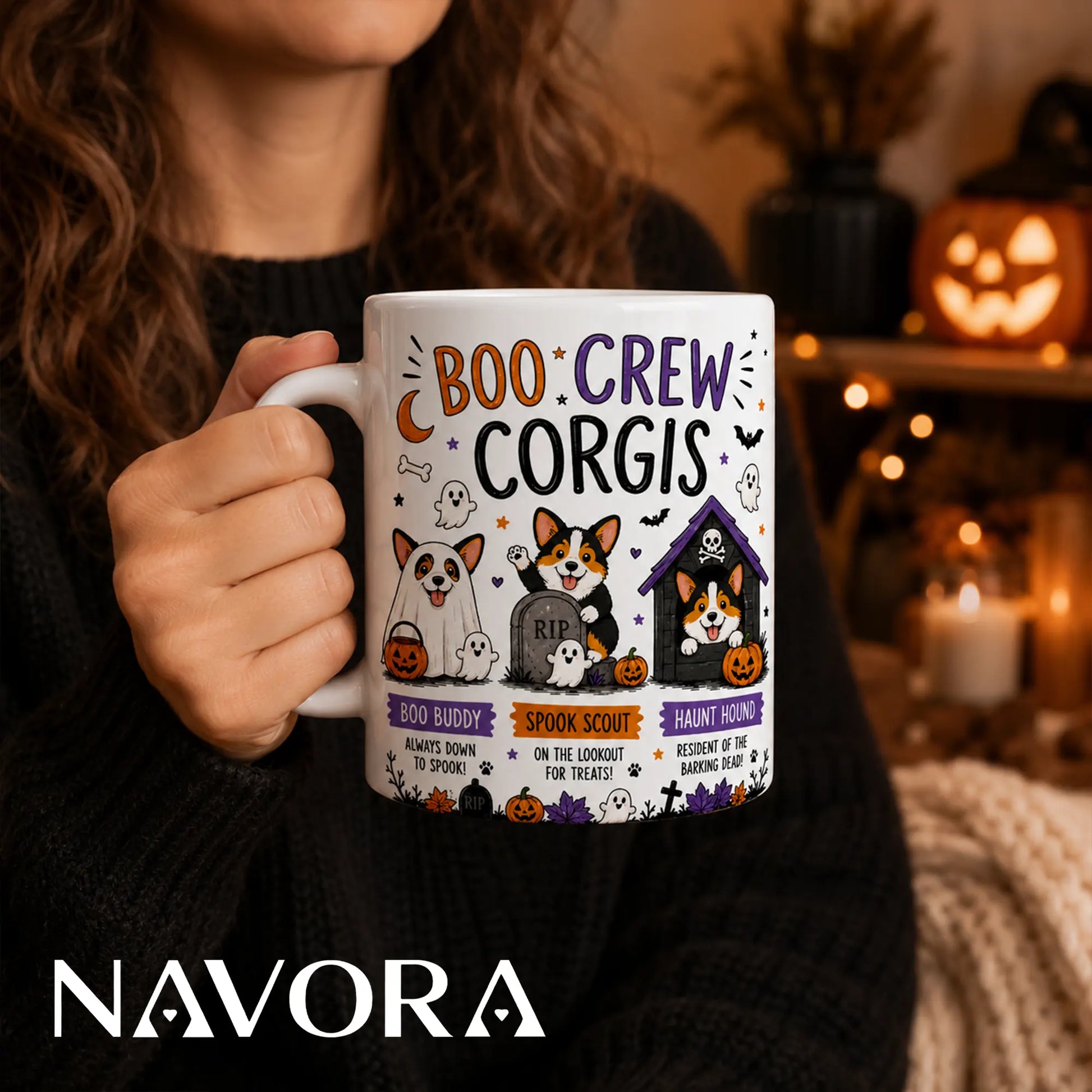 Boo Crew Corgis Halloween mug featuring three cute Corgis with ghosts, pumpkins, bats, and a haunted doghouse.