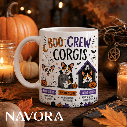 Boo Crew Corgis Halloween mug featuring three cute Corgis with ghosts, pumpkins, bats, and a haunted doghouse.