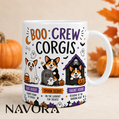 Boo Crew Corgis Halloween mug featuring three cute Corgis with ghosts, pumpkins, bats, and a haunted doghouse.
