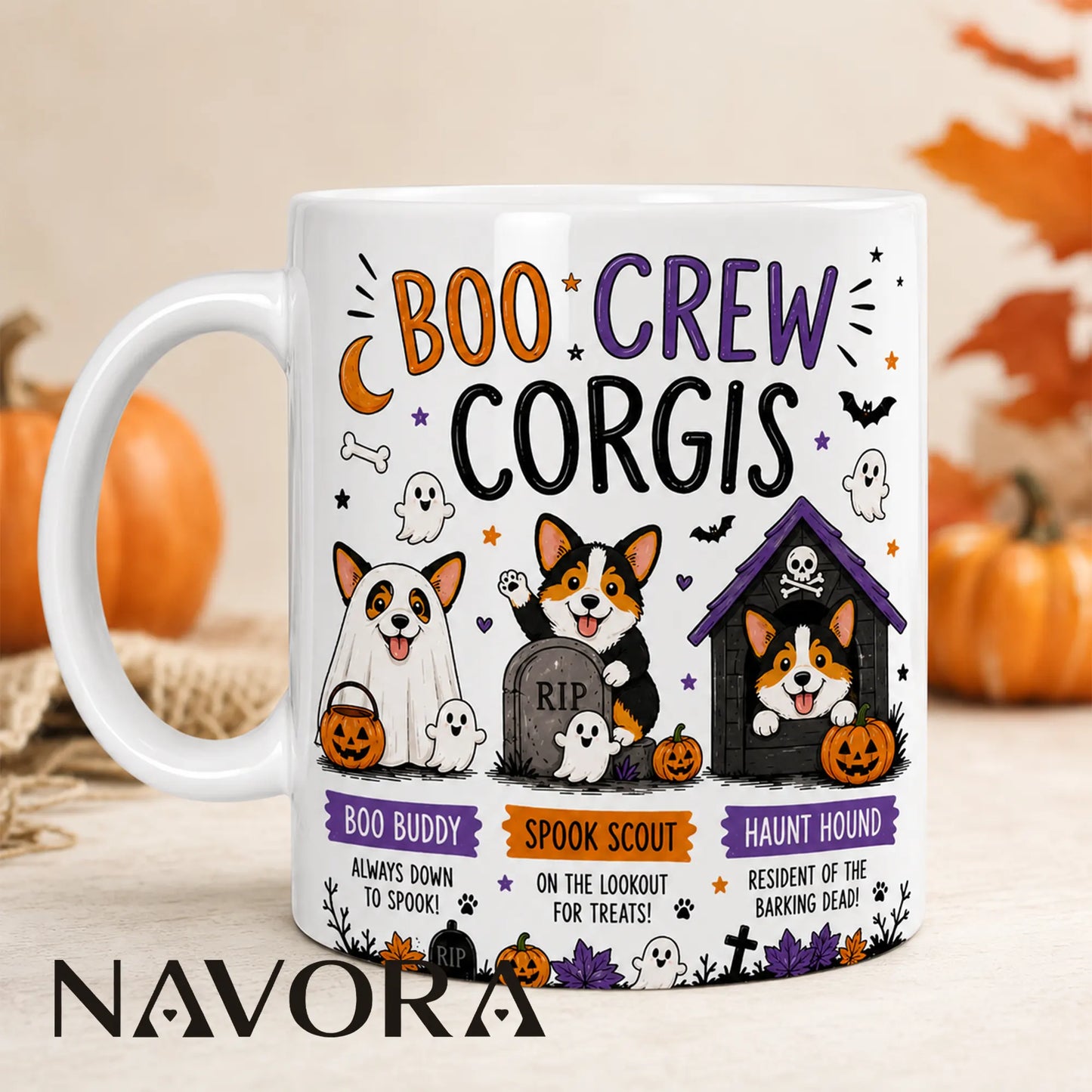 Boo Crew Corgis Halloween mug featuring three cute Corgis with ghosts, pumpkins, bats, and a haunted doghouse.