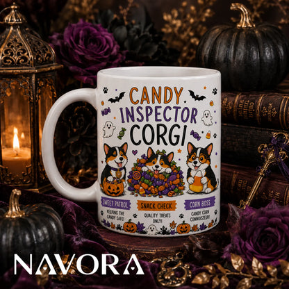 Candy Inspector Corgi Halloween mug with three Corgis, colorful candy, pumpkins, ghosts, and bats.