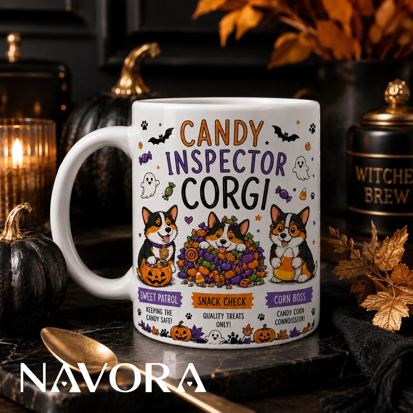 Candy Inspector Corgi Halloween mug with three Corgis, colorful candy, pumpkins, ghosts, and bats.