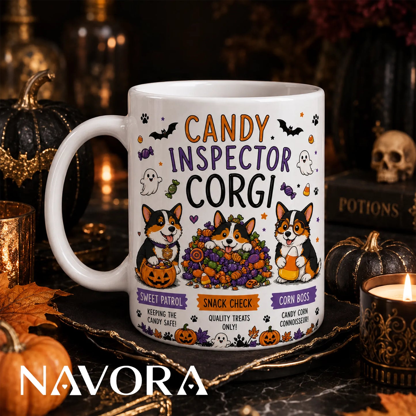 Candy Inspector Corgi Halloween mug with three Corgis, colorful candy, pumpkins, ghosts, and bats.