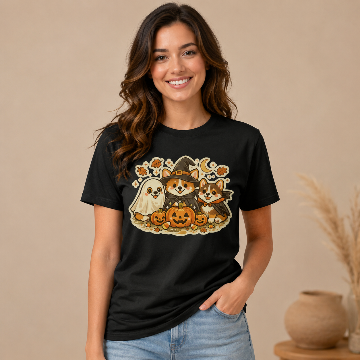 Cute Halloween Corgi T-Shirt with pumpkins ghost and fall design