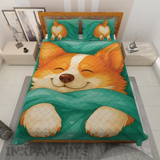 Corgi Bedding Set Cozy Sleeping Dog Quilt & Pillowcase Set